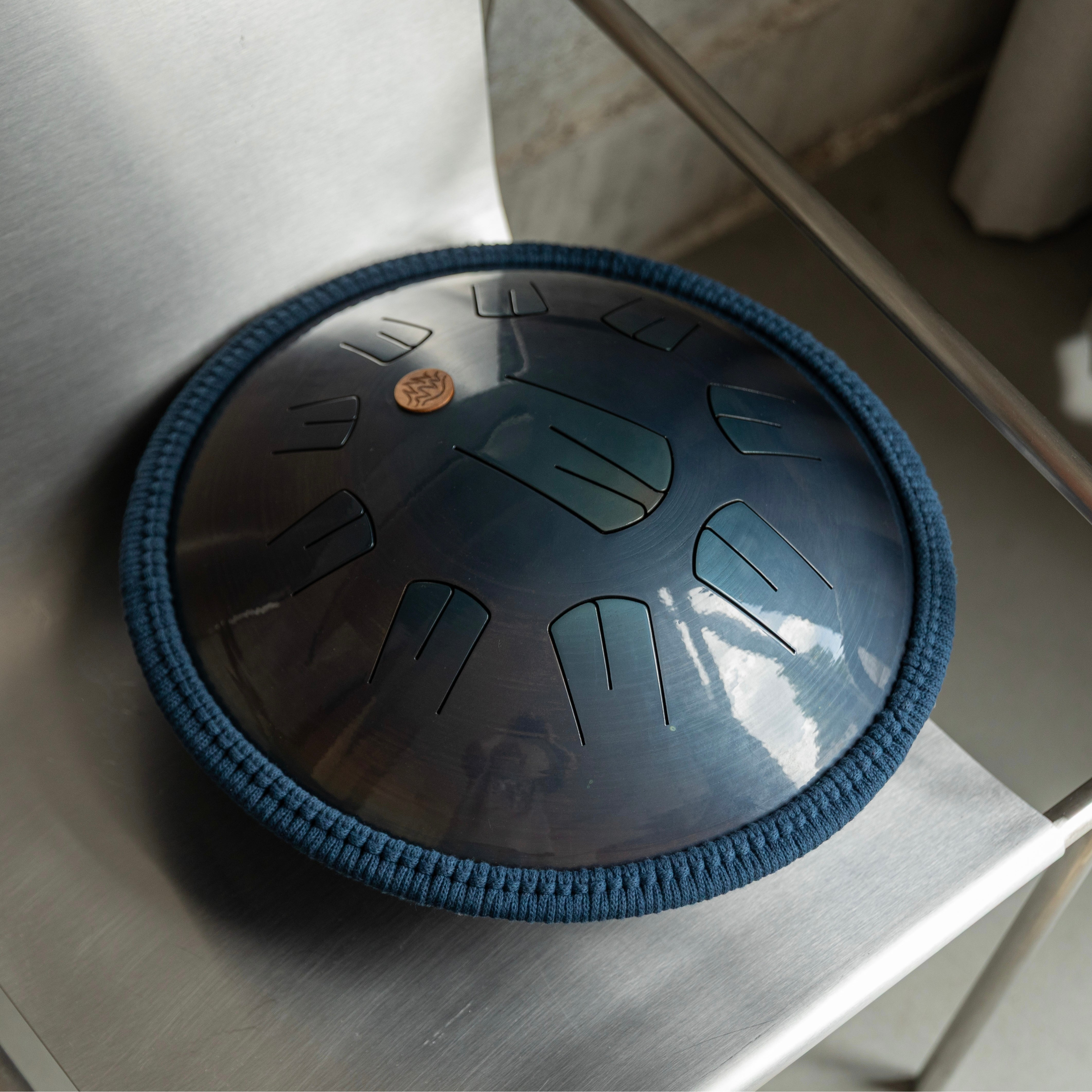 Ember Series 40cm (16 inch) steel tongue drum in Ocean Steel blue finish, handcrafted by Burning27